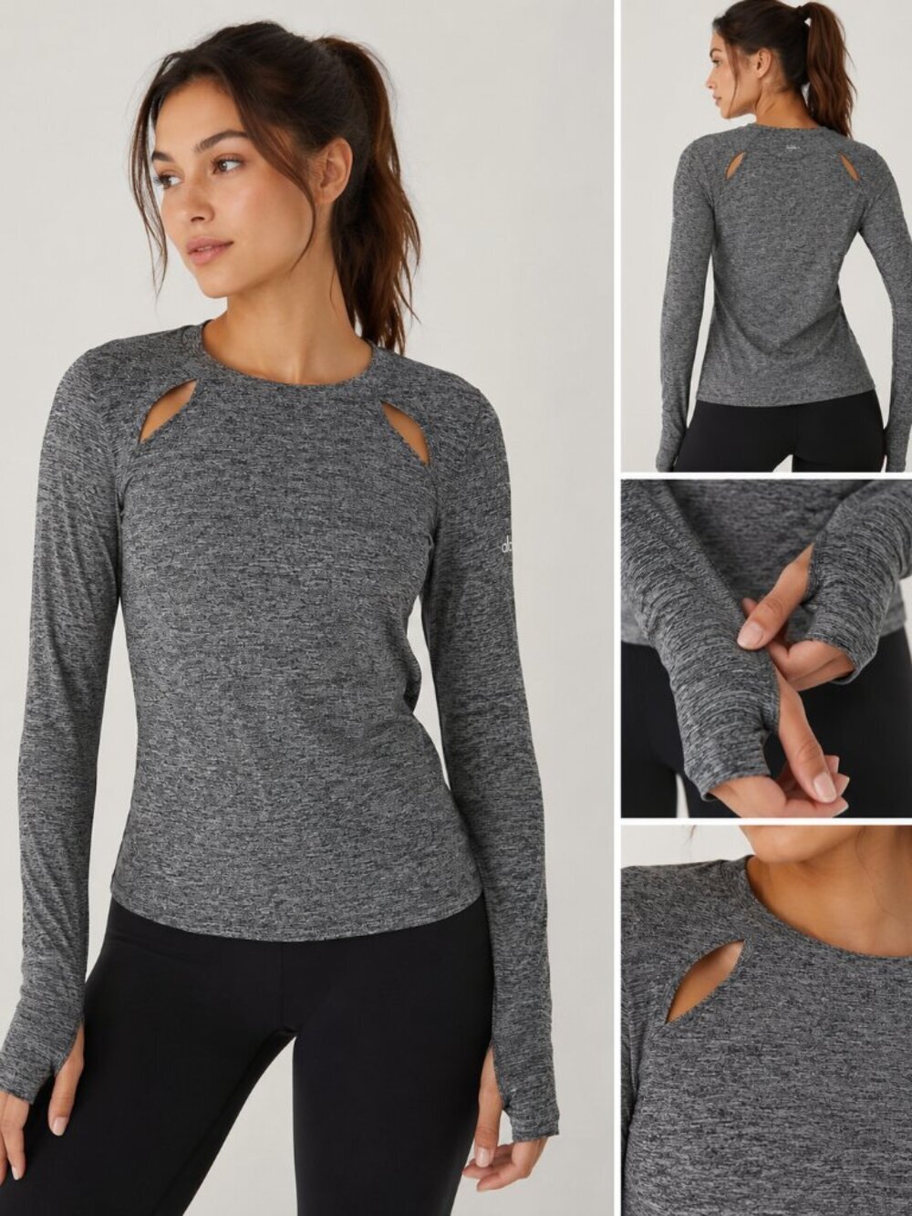 Alo Yoga Alloy Heather Mantra Long Sleeve Top Small Cutout Thumbholes Activewear